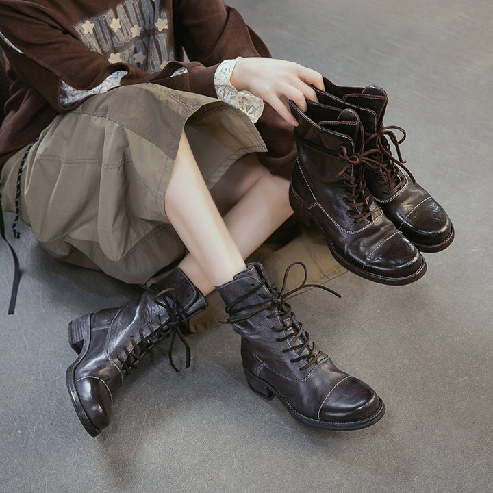 Handmade Horse Leather Cap Toe Combat Boots Vintage Lace-Up Short Boots in Chocolate/Gray