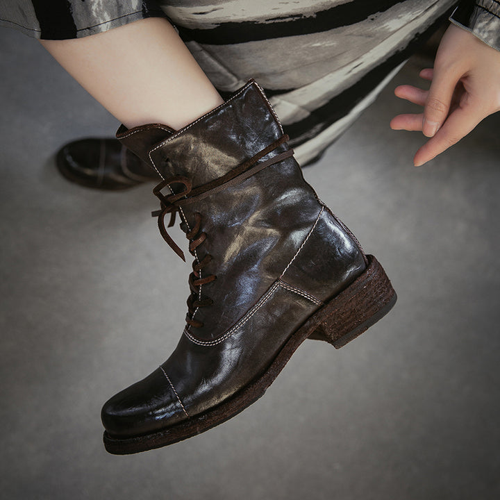 Handmade Horse Leather Cap Toe Combat Boots Vintage Lace-Up Short Boots in Chocolate/Gray