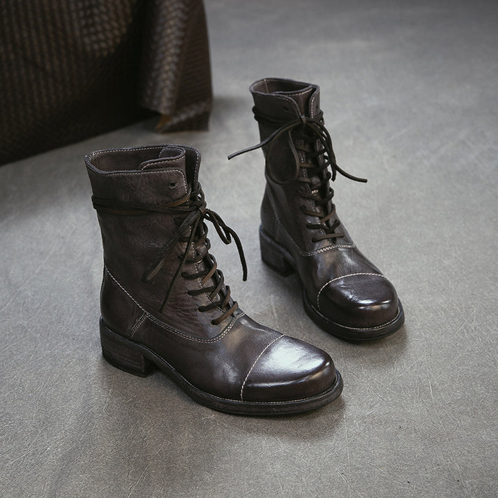 Handmade Horse Leather Cap Toe Combat Boots Vintage Lace-Up Short Boots in Chocolate/Gray
