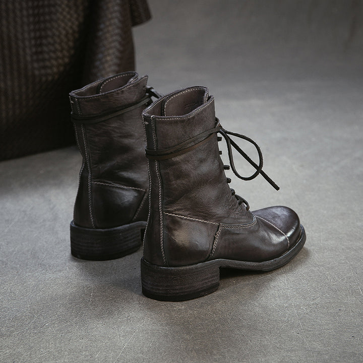 Handmade Horse Leather Cap Toe Combat Boots Vintage Lace-Up Short Boots in Chocolate/Gray