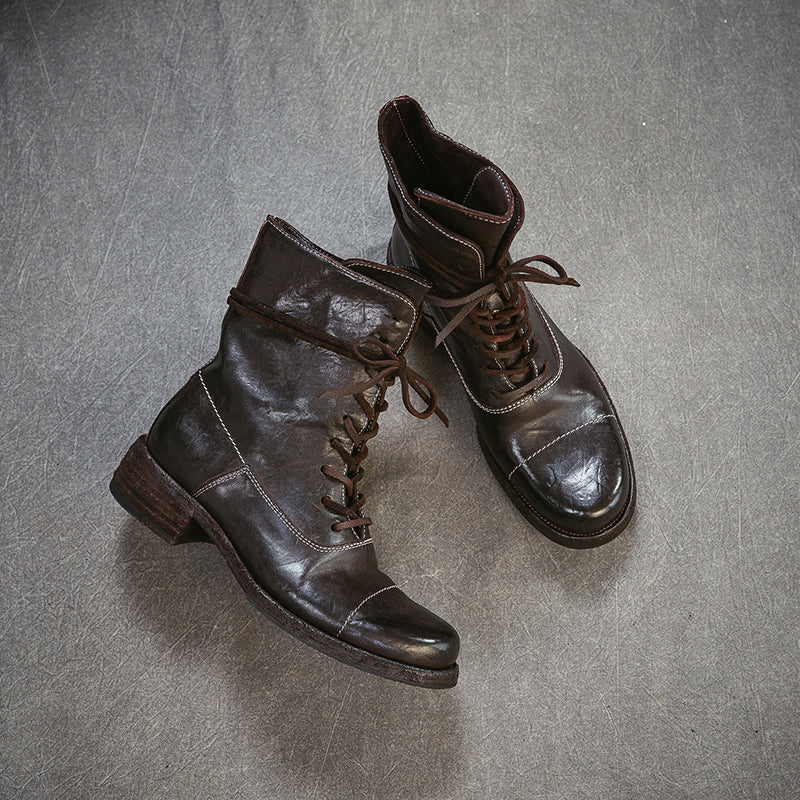 Handmade Horse Leather Cap Toe Combat Boots Vintage Lace-Up Short Boots in Chocolate/Gray