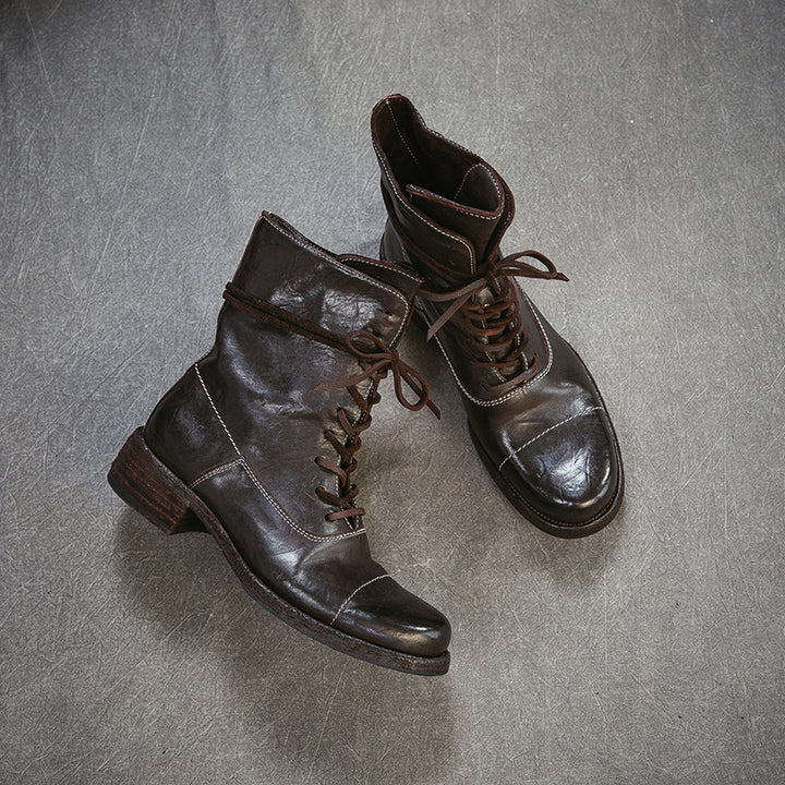 Handmade Horse Leather Cap Toe Combat Boots Vintage Lace-Up Short Boots in Chocolate/Gray