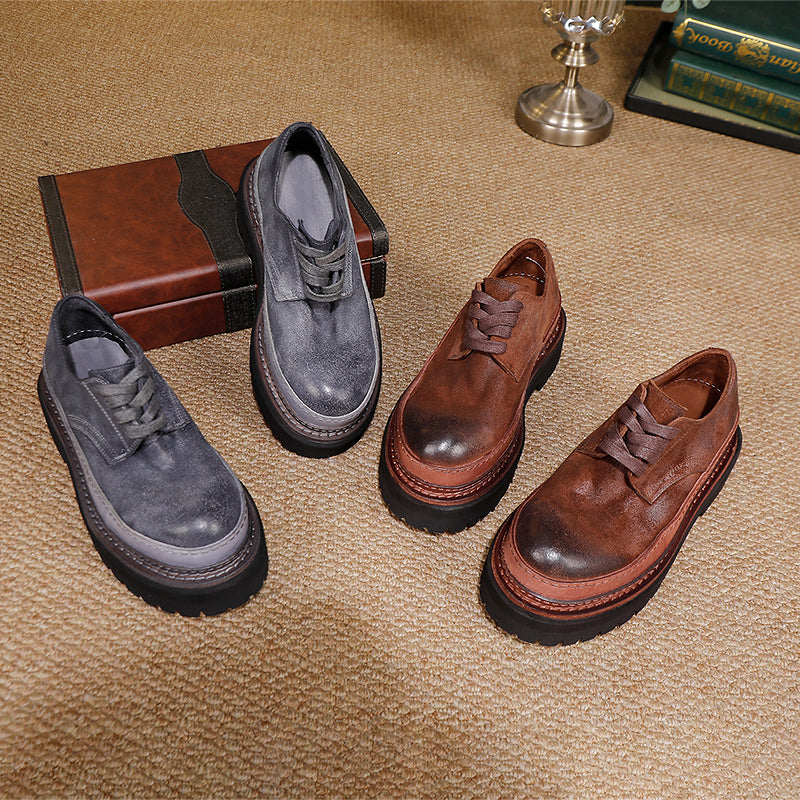 British Styles Leather Platform Derby Shoes Chunky Lace-Up Oxford Shoes for Women in Gray/Coffee