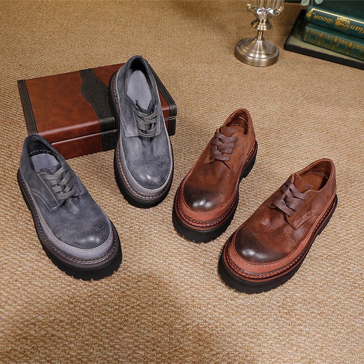 British Styles Leather Platform Derby Shoes Chunky Lace-Up Oxford Shoes for Women in Gray/Coffee