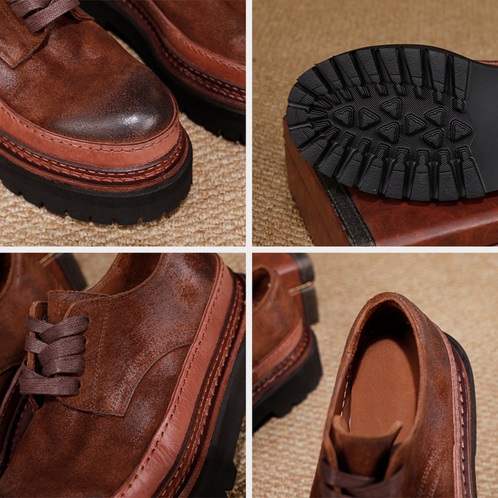 British Styles Leather Platform Derby Shoes Chunky Lace-Up Oxford Shoes for Women in Gray/Coffee