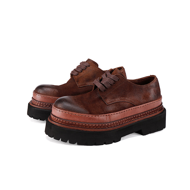 British Styles Leather Platform Derby Shoes Chunky Lace-Up Oxford Shoes for Women in Gray/Coffee