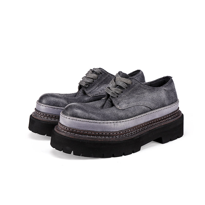 British Styles Leather Platform Derby Shoes Chunky Lace-Up Oxford Shoes for Women in Gray/Coffee