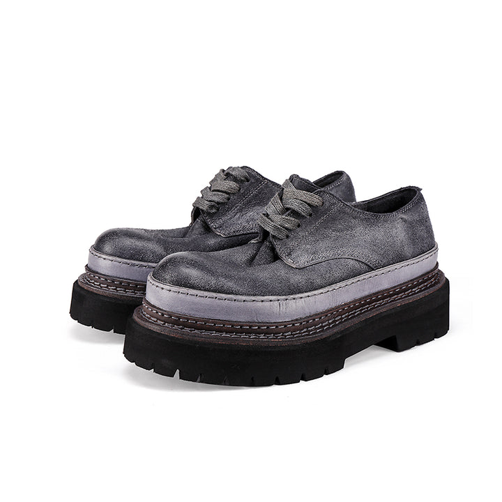 British Styles Leather Platform Derby Shoes Chunky Lace-Up Oxford Shoes for Women in Gray/Coffee