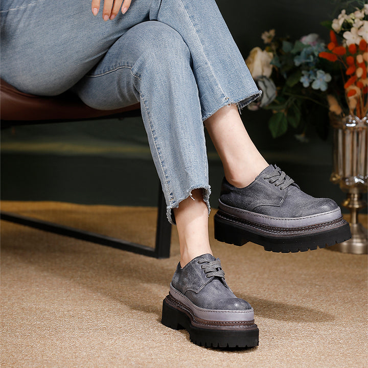 British Styles Leather Platform Derby Shoes Chunky Lace-Up Oxford Shoes for Women in Gray/Coffee