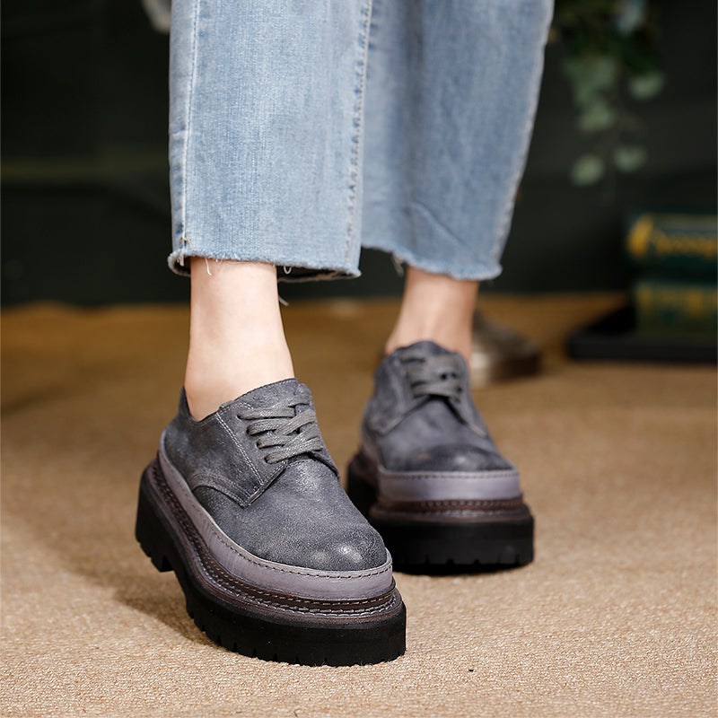 British Styles Leather Platform Derby Shoes Chunky Lace-Up Oxford Shoes for Women in Gray/Coffee