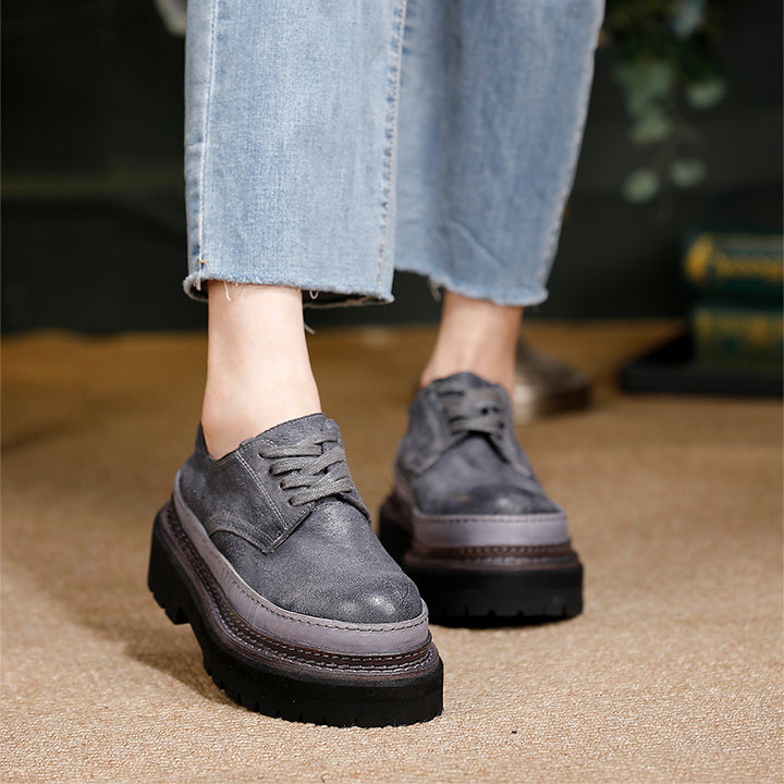 British Styles Leather Platform Derby Shoes Chunky Lace-Up Oxford Shoes for Women in Gray/Coffee
