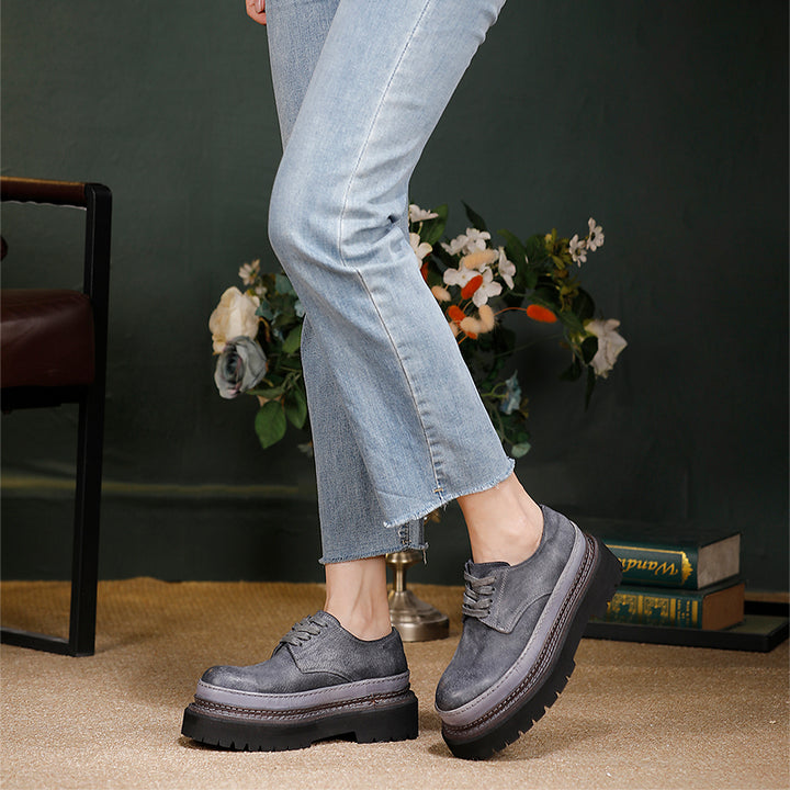 British Styles Leather Platform Derby Shoes Chunky Lace-Up Oxford Shoes for Women in Gray/Coffee