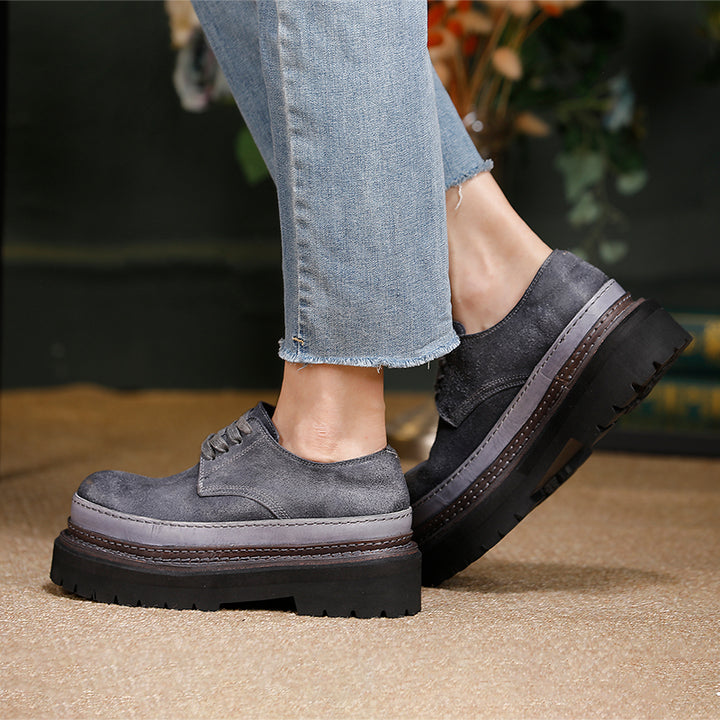 British Styles Leather Platform Derby Shoes Chunky Lace-Up Oxford Shoes for Women in Gray/Coffee
