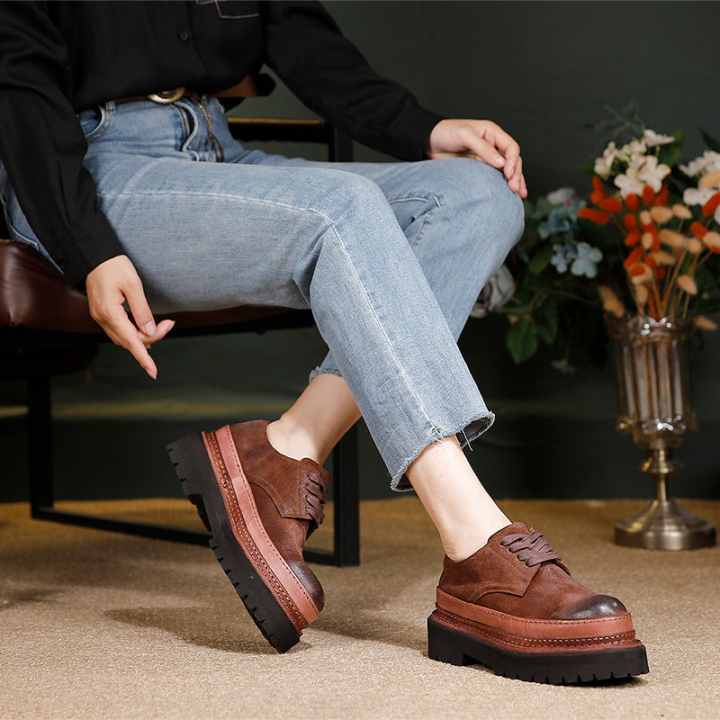 British Styles Leather Platform Derby Shoes Chunky Lace-Up Oxford Shoes for Women in Gray/Coffee