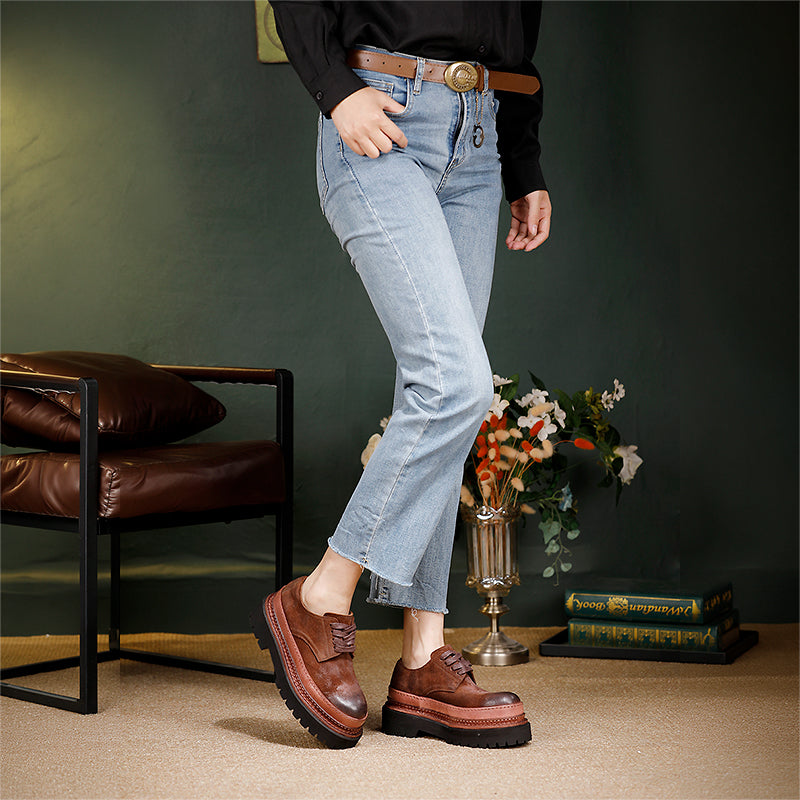 British Styles Leather Platform Derby Shoes Chunky Lace-Up Oxford Shoes for Women in Gray/Coffee