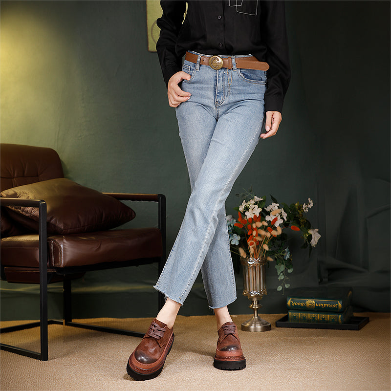 British Styles Leather Platform Derby Shoes Chunky Lace-Up Oxford Shoes for Women in Gray/Coffee