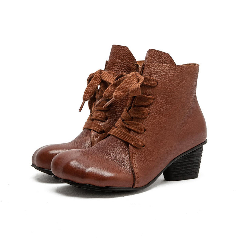 Wide Fit Big Toe Leather Chunky Lace-Up Ankle Boots for Women in Black/Dark Brown