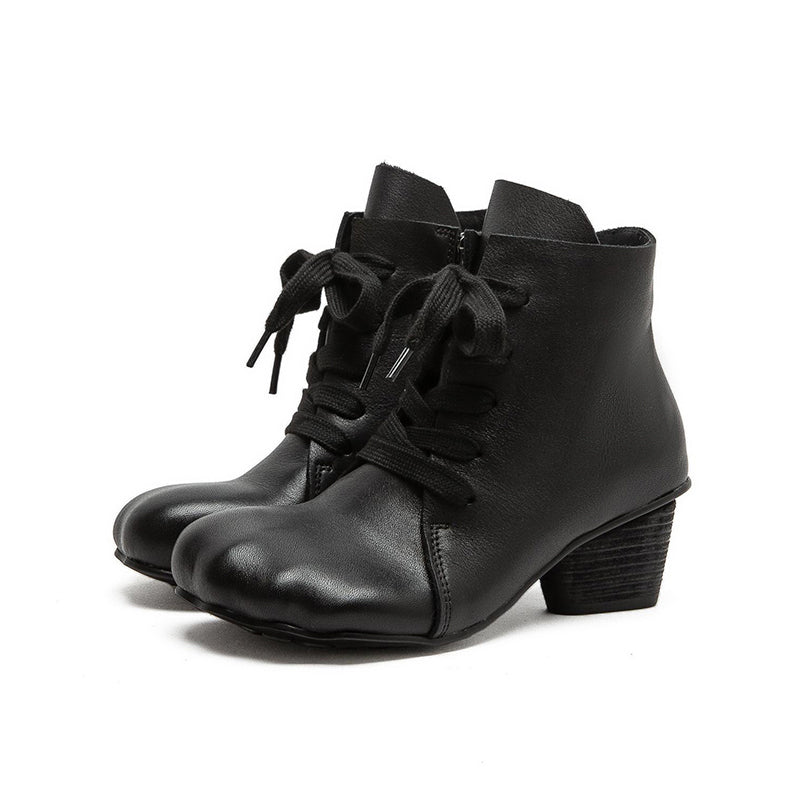 Wide Fit Big Toe Leather Chunky Lace-Up Ankle Boots for Women in Black/Dark Brown