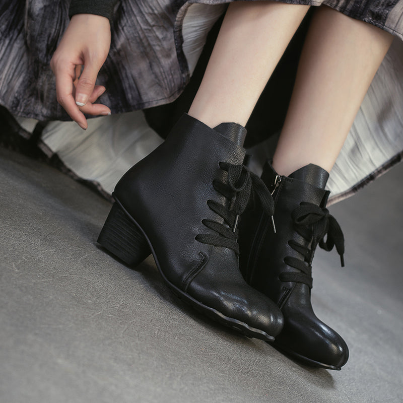 Wide Fit Big Toe Leather Chunky Lace-Up Ankle Boots for Women in Black/Dark Brown