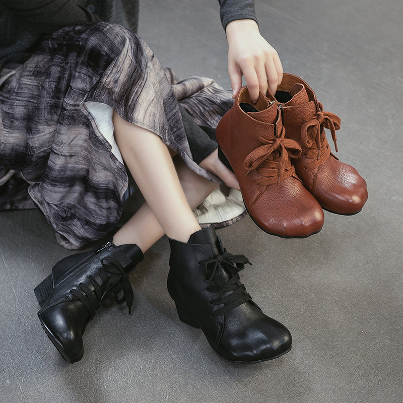Wide Fit Big Toe Leather Chunky Lace-Up Ankle Boots for Women in Black/Dark Brown