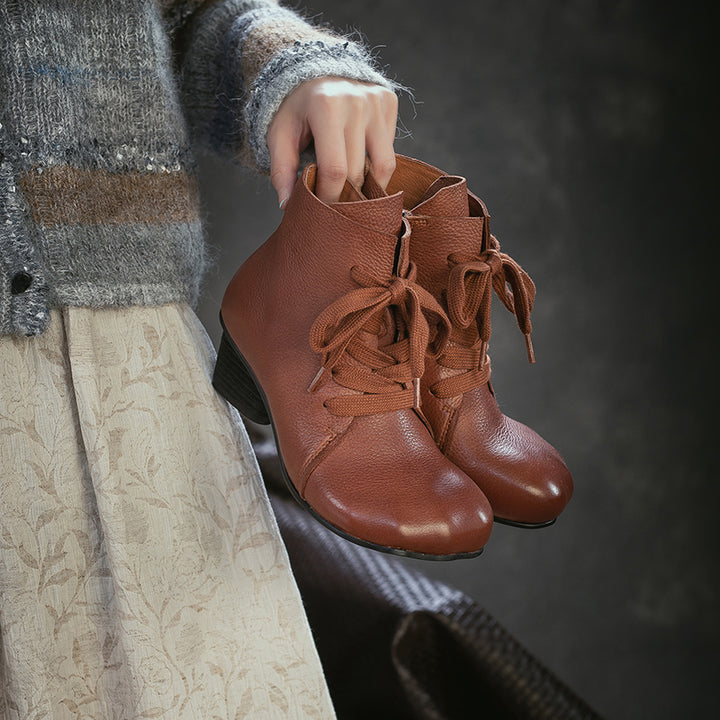 Wide Fit Big Toe Leather Chunky Lace-Up Ankle Boots for Women in Black/Dark Brown