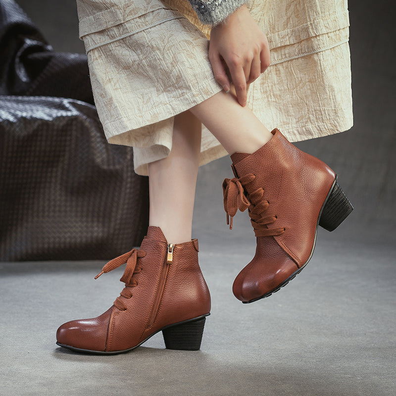 Wide Fit Big Toe Leather Chunky Lace-Up Ankle Boots for Women in Black/Dark Brown