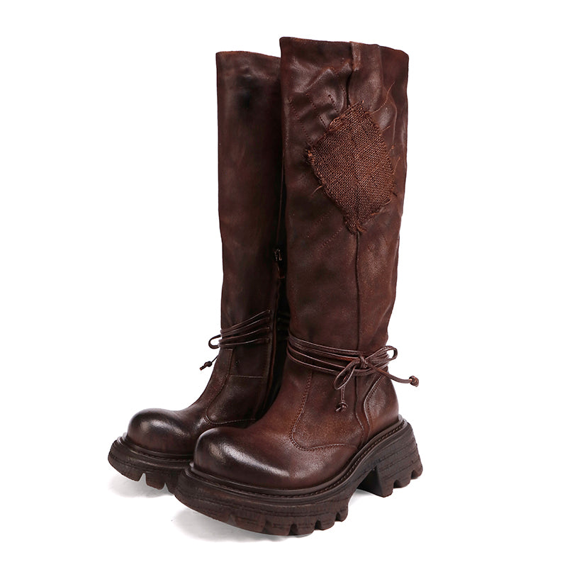 Vintage Leather Knee-High Platform Riding Boots Wide Fit Chunky Western Boots in Black/Coffee