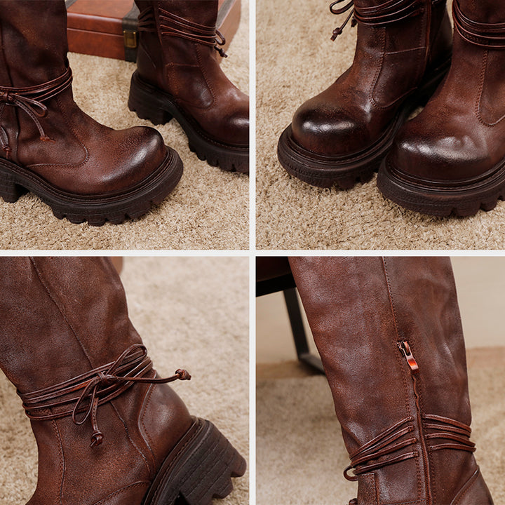 Vintage Leather Knee-High Platform Riding Boots Wide Fit Chunky Western Boots in Black/Coffee
