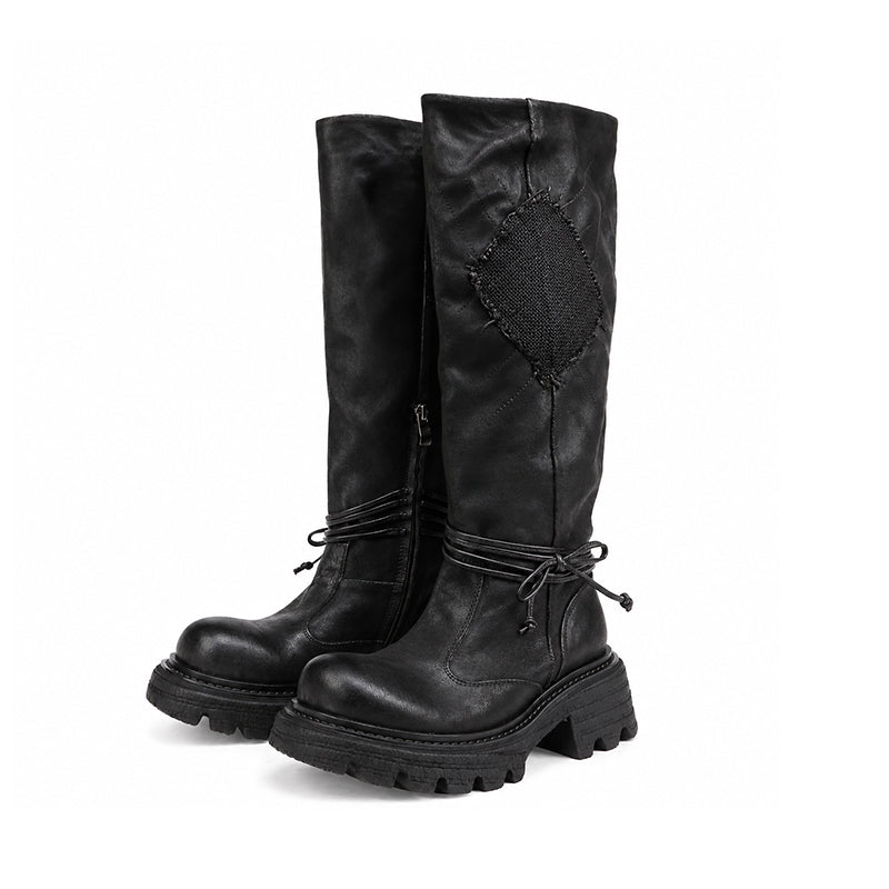 Vintage Leather Knee-High Platform Riding Boots Wide Fit Chunky Western Boots in Black/Coffee