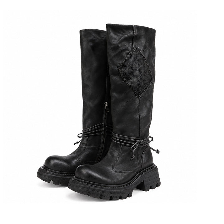 Vintage Leather Knee-High Platform Riding Boots Wide Fit Chunky Western Boots in Black/Coffee