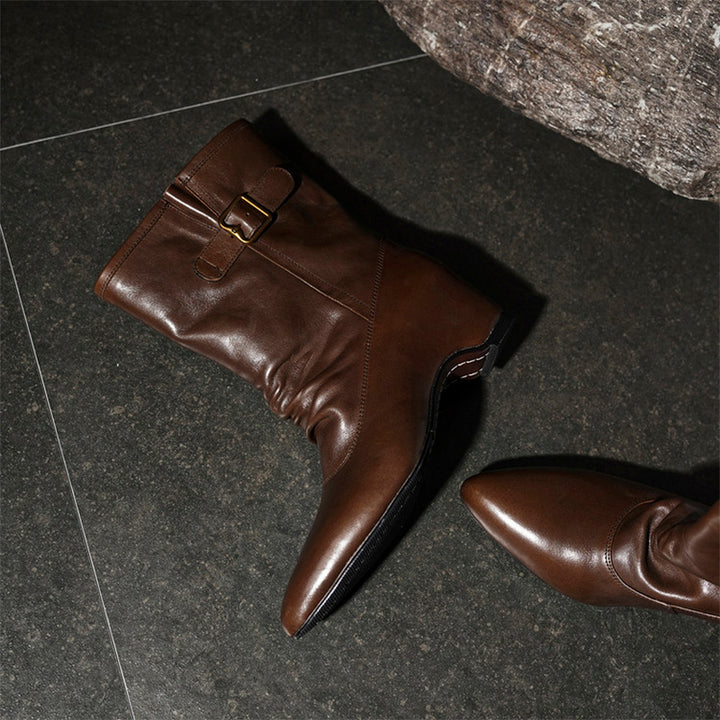 Handmade Horse Leather Slouch Mid-Calf Biker Boots Hidden Wedge Heel Buckle Boots in Black/Brown
