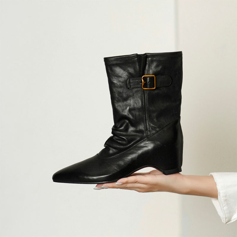 Handmade Horse Leather Slouch Mid-Calf Biker Boots Hidden Wedge Heel Buckle Boots in Black/Brown