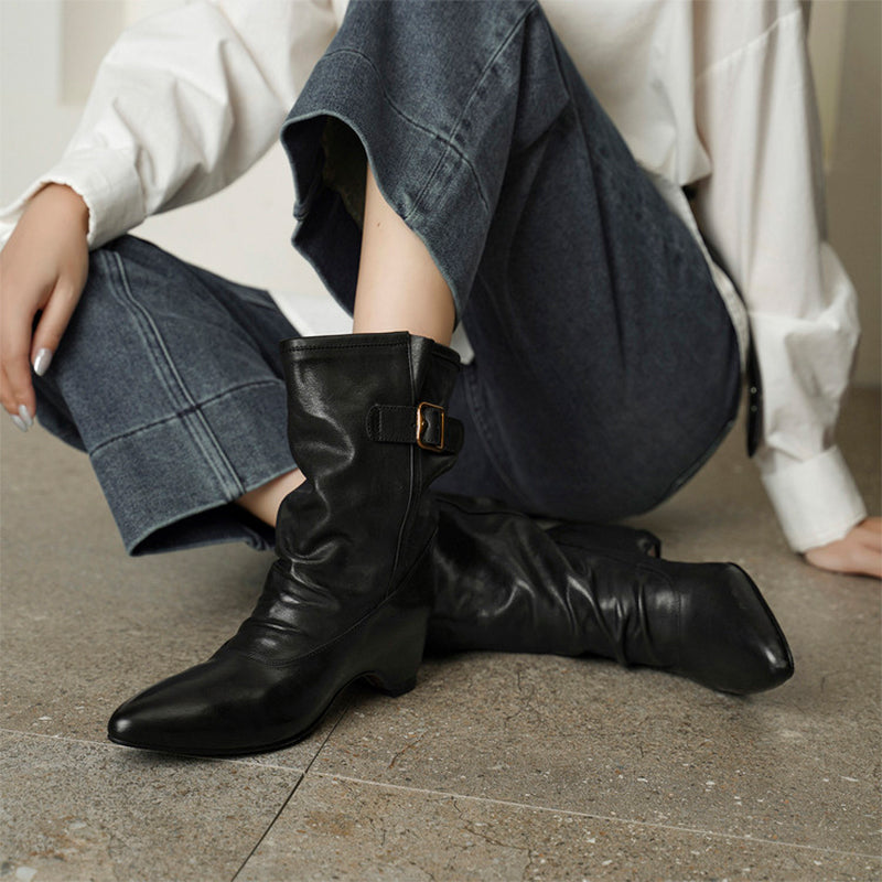 Handmade Horse Leather Slouch Mid-Calf Biker Boots Hidden Wedge Heel Buckle Boots in Black/Brown