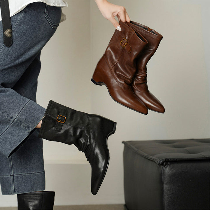 Handmade Horse Leather Slouch Mid-Calf Biker Boots Hidden Wedge Heel Buckle Boots in Black/Brown