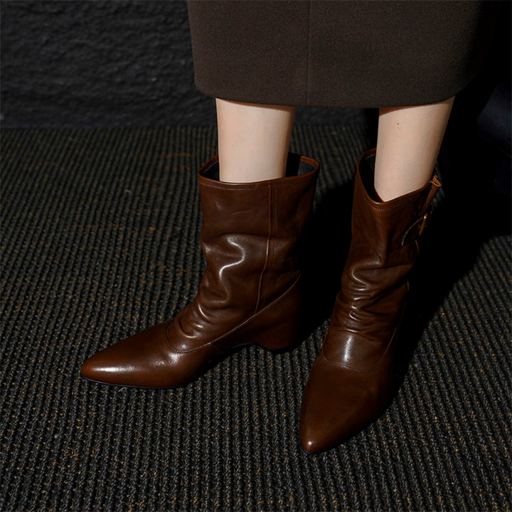 Handmade Horse Leather Slouch Mid-Calf Biker Boots Hidden Wedge Heel Buckle Boots in Black/Brown