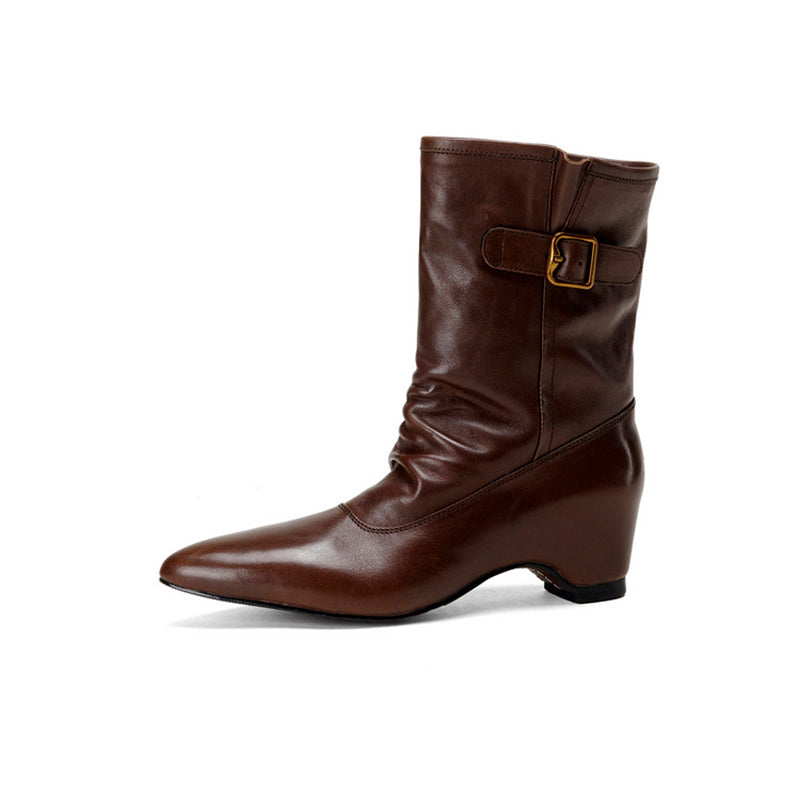 Handmade Horse Leather Slouch Mid-Calf Biker Boots Hidden Wedge Heel Buckle Boots in Black/Brown