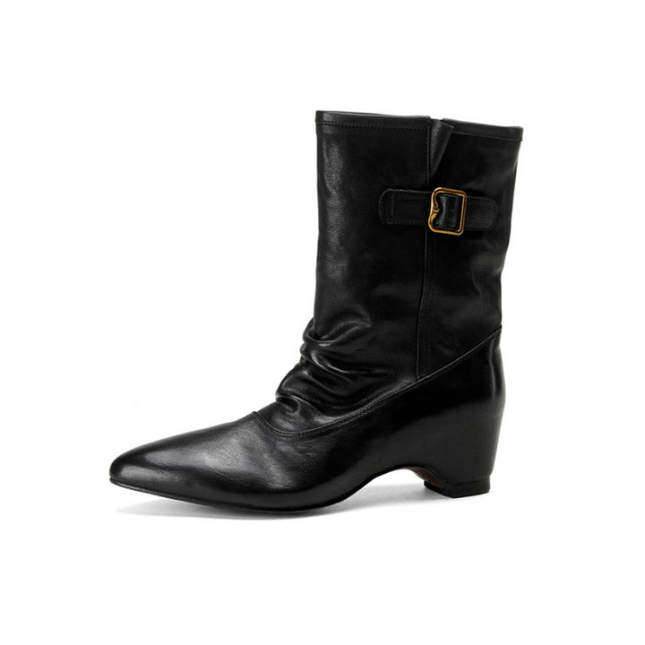 Handmade Horse Leather Slouch Mid-Calf Biker Boots Hidden Wedge Heel Buckle Boots in Black/Brown