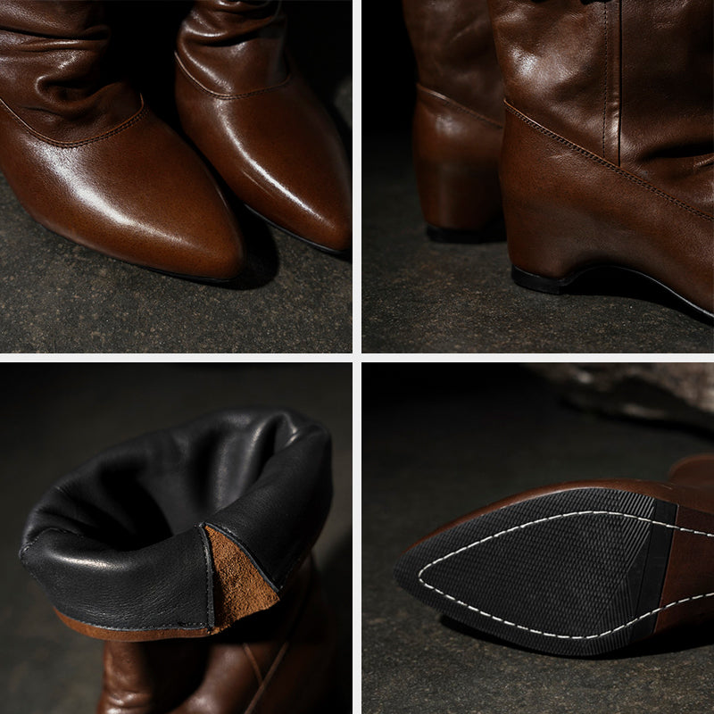 Handmade Horse Leather Slouch Mid-Calf Biker Boots Hidden Wedge Heel Buckle Boots in Black/Brown