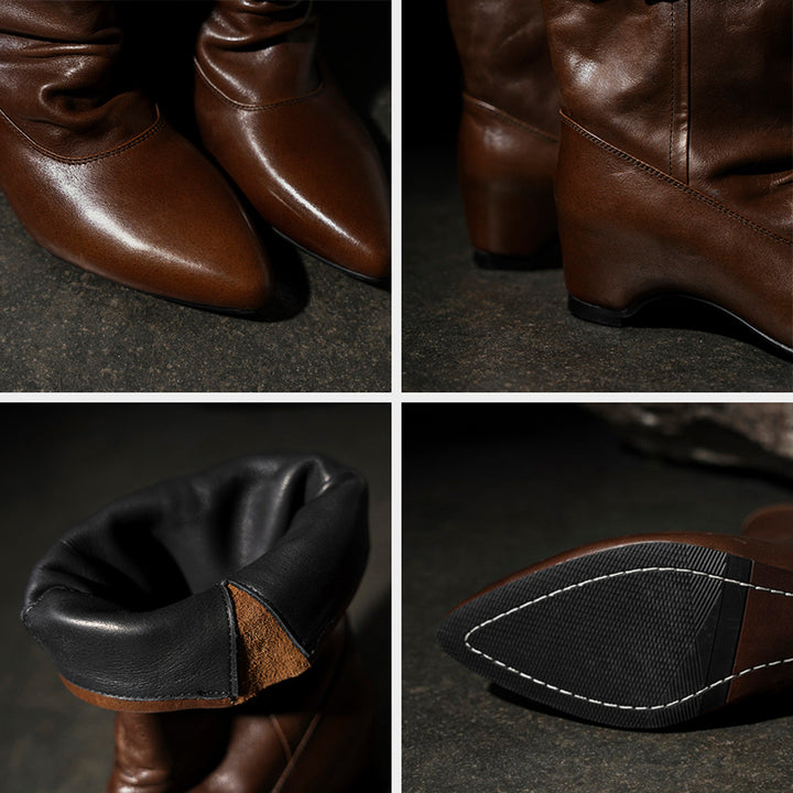 Handmade Horse Leather Slouch Mid-Calf Biker Boots Hidden Wedge Heel Buckle Boots in Black/Brown