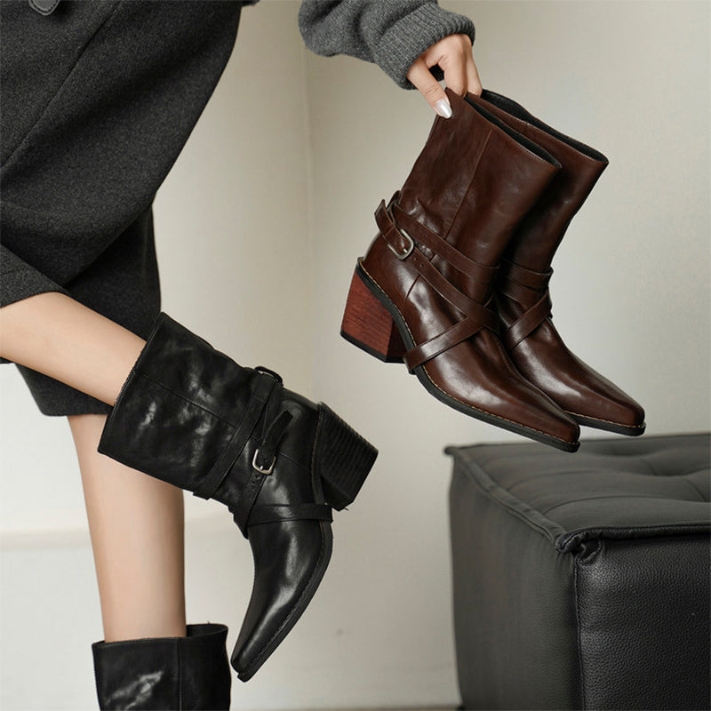 70mm Chunky Heel Horse Leather Biker Short Boots with Multi-Buckle Strap in Black/Brown
