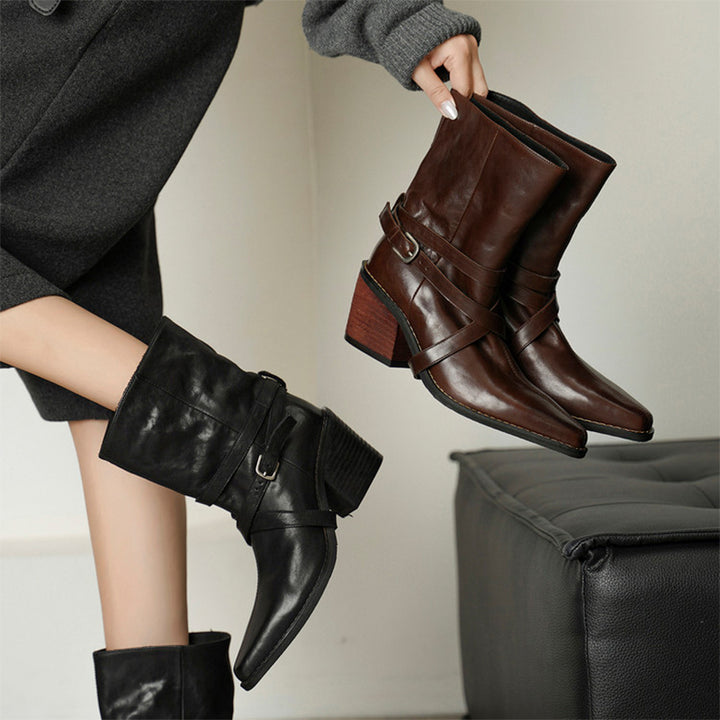 70mm Chunky Heel Horse Leather Biker Short Boots with Multi-Buckle Strap in Black/Brown