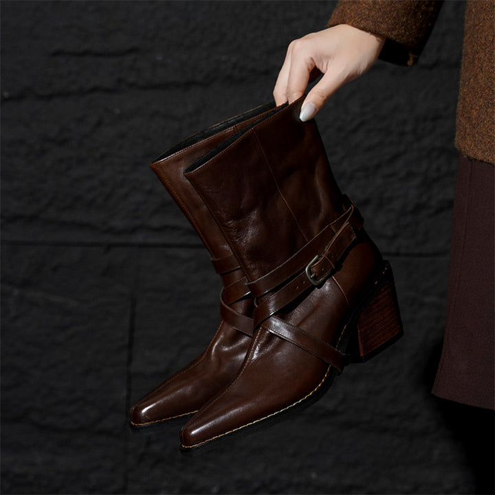 70mm Chunky Heel Horse Leather Biker Short Boots with Multi-Buckle Strap in Black/Brown