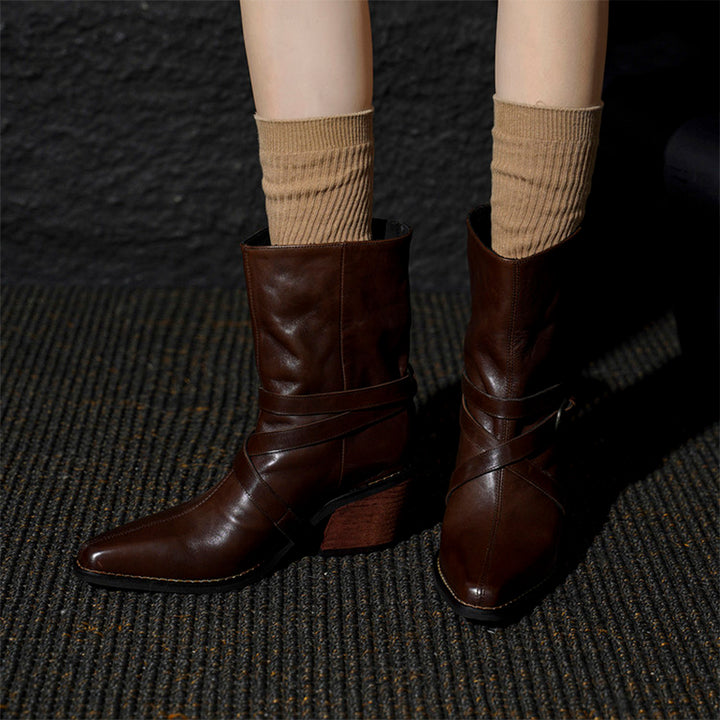 70mm Chunky Heel Horse Leather Biker Short Boots with Multi-Buckle Strap in Black/Brown