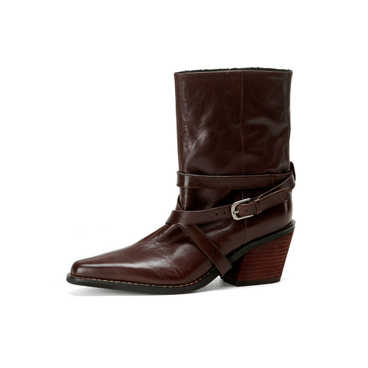 70mm Chunky Heel Horse Leather Biker Short Boots with Multi-Buckle Strap in Black/Brown