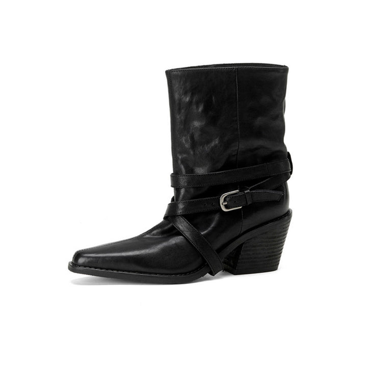 70mm Chunky Heel Horse Leather Biker Short Boots with Multi-Buckle Strap in Black/Brown