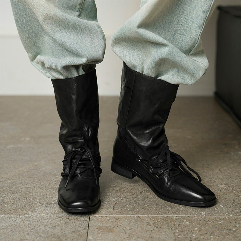 Handmade Horse Leather Slouch Mid-Calf Boots Square Toe Lace-Up Vintage Boots in Black/Brown