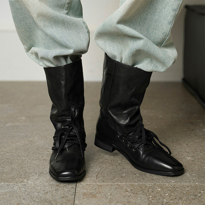 Handmade Horse Leather Slouch Mid-Calf Boots Square Toe Lace-Up Vintage Boots in Black/Brown