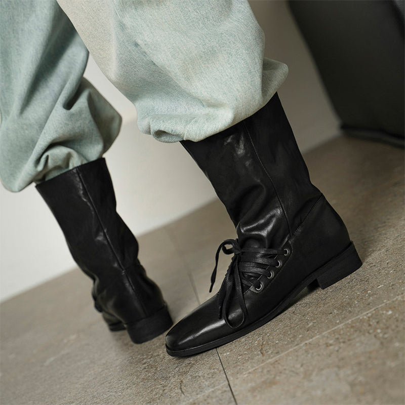 Handmade Horse Leather Slouch Mid-Calf Boots Square Toe Lace-Up Vintage Boots in Black/Brown