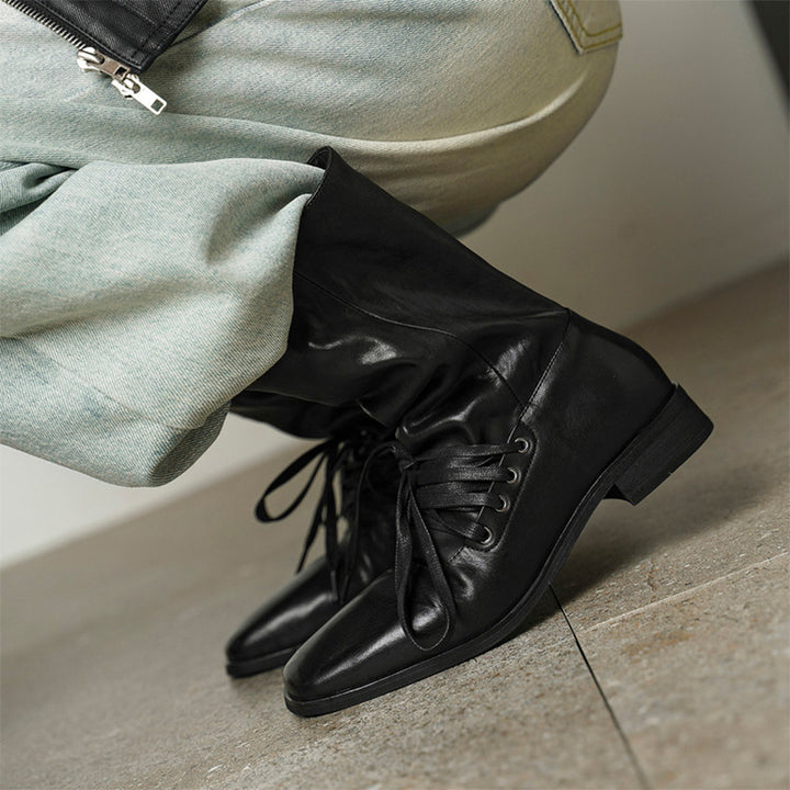 Handmade Horse Leather Slouch Mid-Calf Boots Square Toe Lace-Up Vintage Boots in Black/Brown