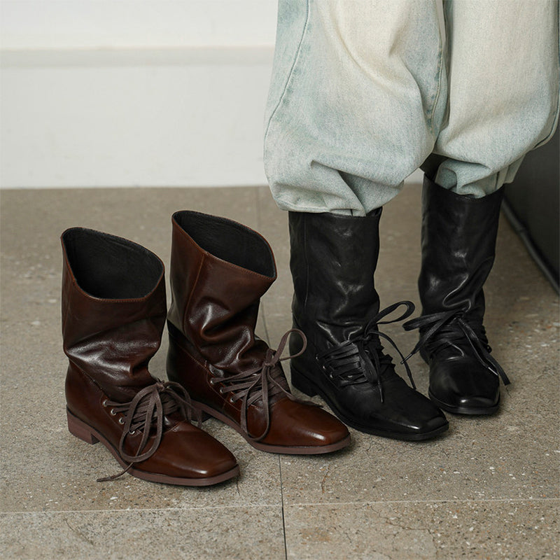 Handmade Horse Leather Slouch Mid-Calf Boots Square Toe Lace-Up Vintage Boots in Black/Brown